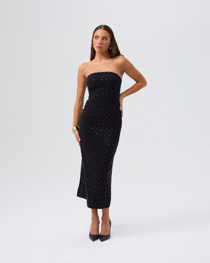 Parlak Siyah Taşlı Midi Elbise