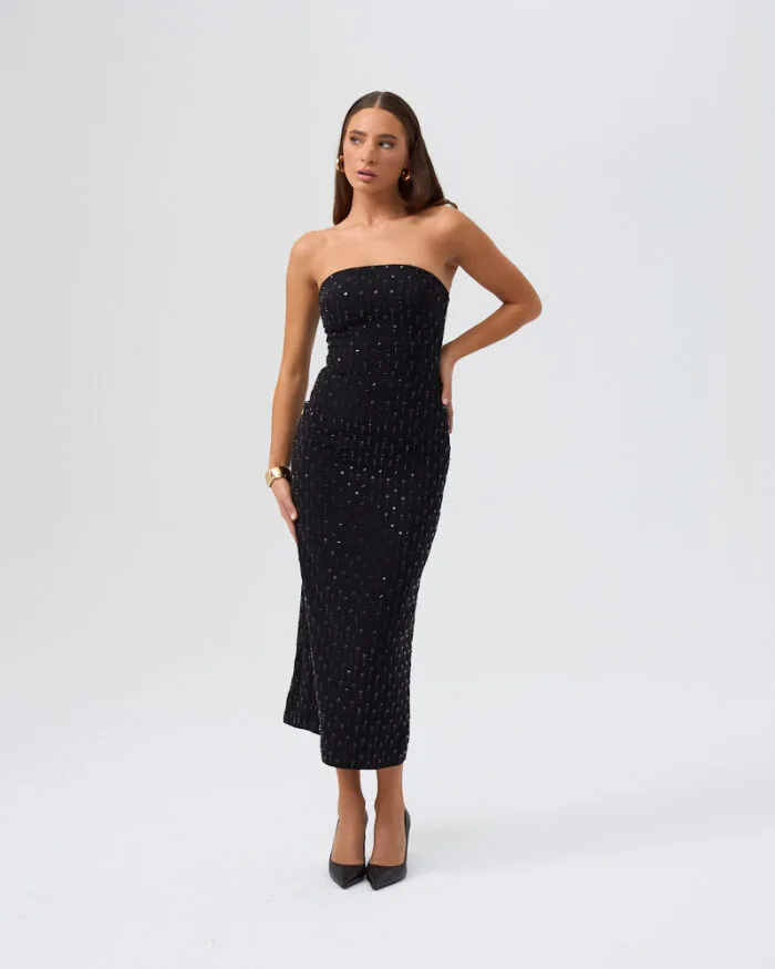 Parlak Siyah Taşlı Midi Elbise